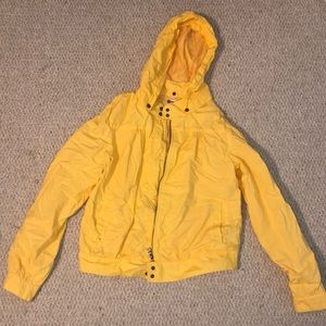 Yellow rain jacket with removable hood